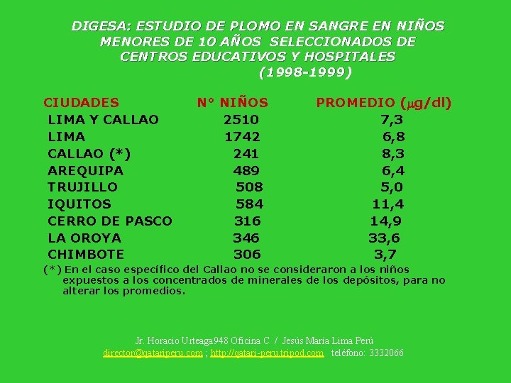 DIGESA: ESTUDIO DE PLOMO EN SANGRE EN NIÑOS MENORES DE 10 AÑOS SELECCIONADOS DE