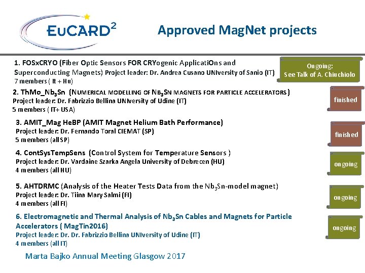 Approved Mag. Net projects 1. FOSx. CRYO (Fiber Optic Sensors FOR CRYogenic Applicati. Ons