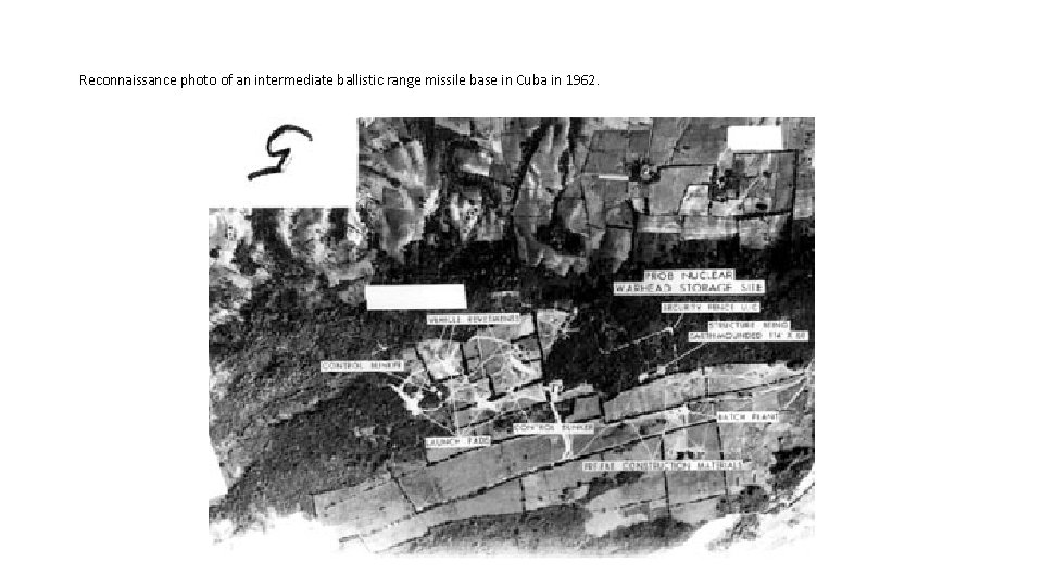 Reconnaissance photo of an intermediate ballistic range missile base in Cuba in 1962. Reconnaissance photo of an intermediate ballistic range missile base in Cuba in 1962.