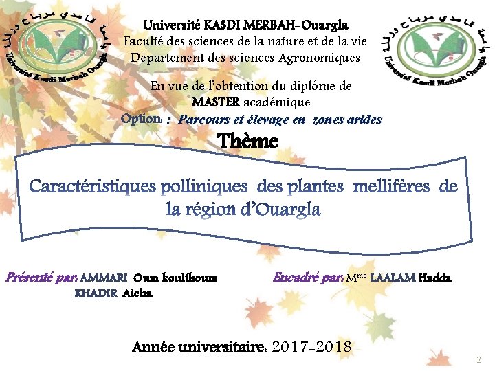 Université KASDI MERBAH-Ouargla UNIVERSITE KASDI MERBAH – OUARGLA – Faculté des sciences de la