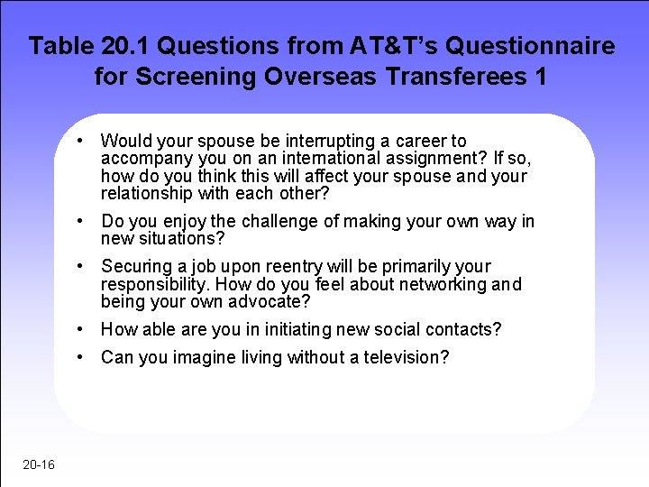 Table 20. 1 Questions from AT&T’s Questionnaire for Screening Overseas Transferees 1 • Would