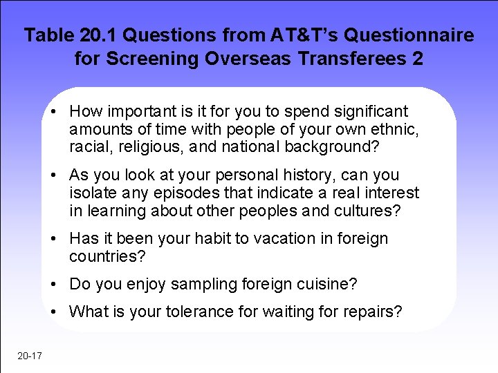 Table 20. 1 Questions from AT&T’s Questionnaire for Screening Overseas Transferees 2 • How
