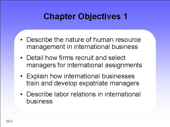Chapter Objectives 1 • Describe the nature of human resource management in international business