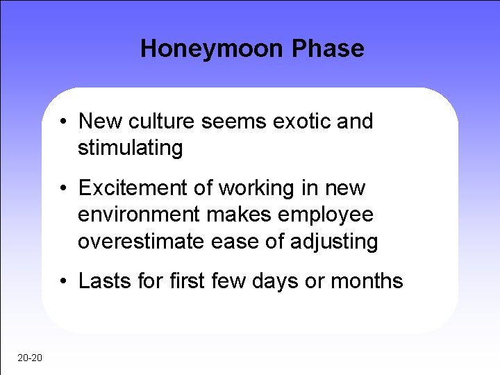 Honeymoon Phase • New culture seems exotic and stimulating • Excitement of working in