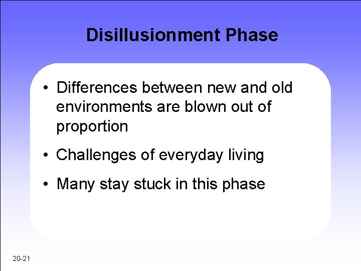 Disillusionment Phase • Differences between new and old environments are blown out of proportion