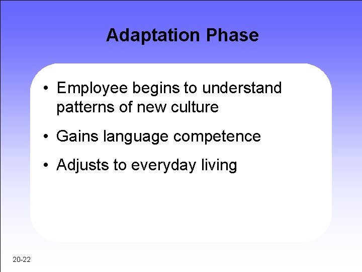 Adaptation Phase • Employee begins to understand patterns of new culture • Gains language