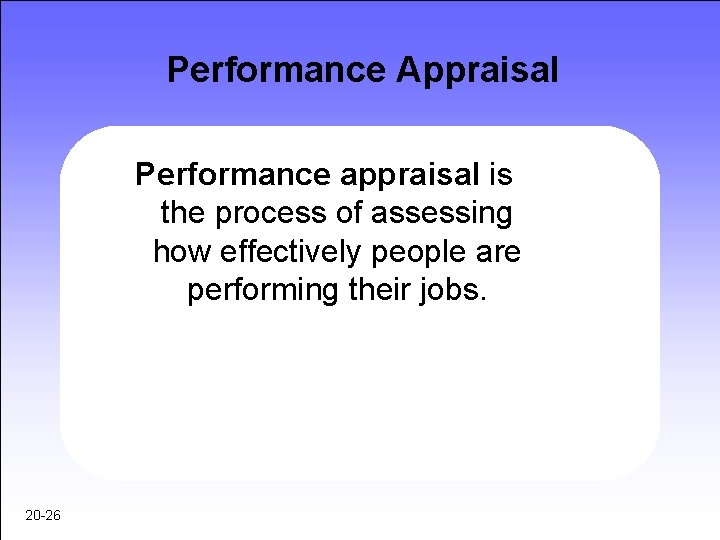 Performance Appraisal Performance appraisal is the process of assessing how effectively people are performing
