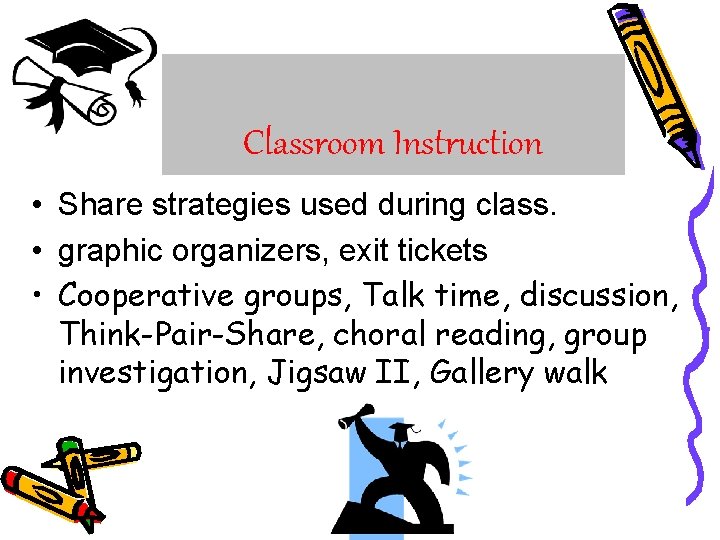 Classroom Instruction • Share strategies used during class. • graphic organizers, exit tickets •