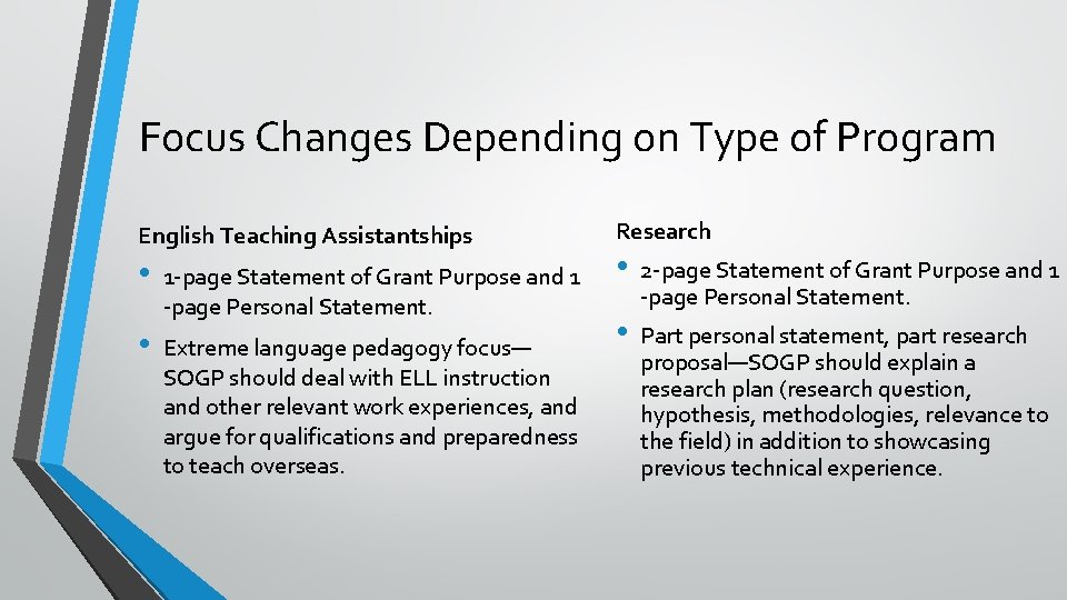 Focus Changes Depending on Type of Program English Teaching Assistantships • 1 -page Statement