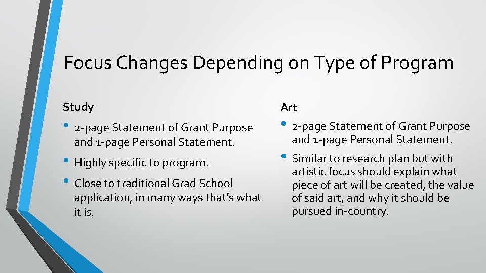 Focus Changes Depending on Type of Program Study Art • 2 -page Statement of