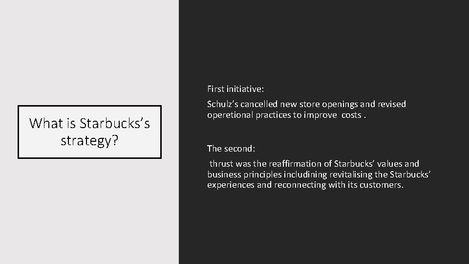 First initiative: What is Starbucks’s strategy? Schulz’s cancelled new store openings and revised operetional