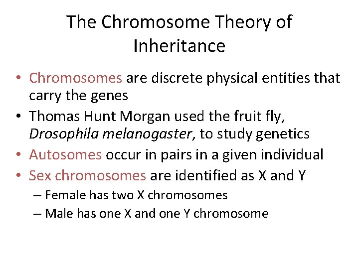 The Chromosome Theory of Inheritance • Chromosomes are discrete physical entities that carry the