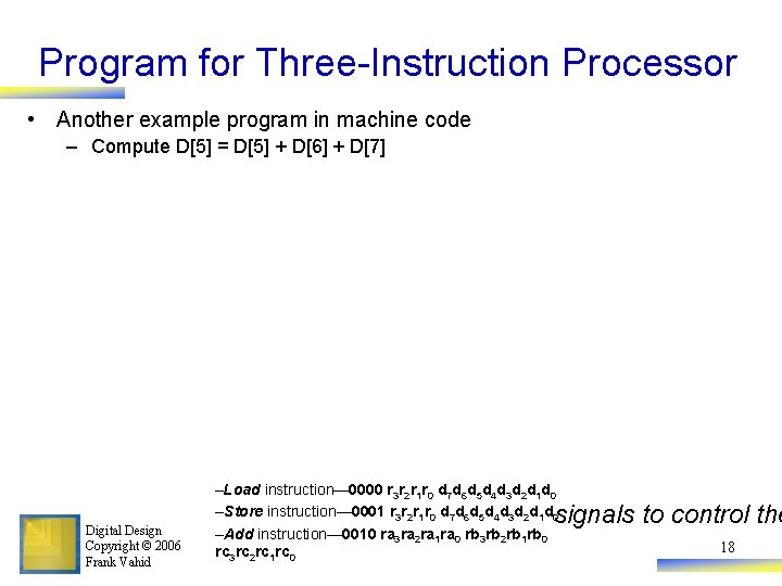 Program for Three-Instruction Processor • Another example program in machine code – Compute D[5]
