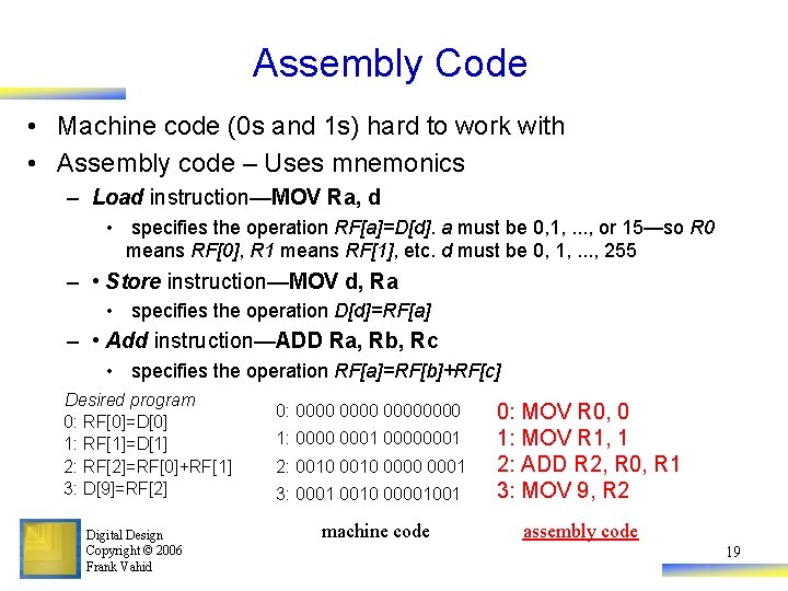 Assembly Code • Machine code (0 s and 1 s) hard to work with