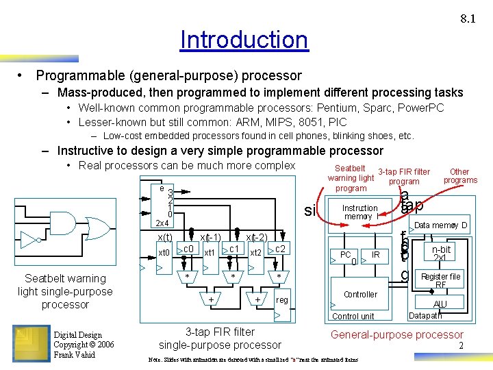 8. 1 Introduction • Programmable (general-purpose) processor – Mass-produced, then programmed to implement different