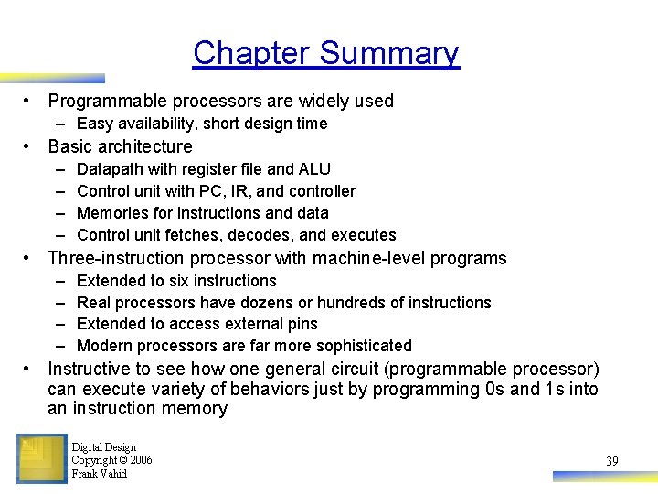 Chapter Summary • Programmable processors are widely used – Easy availability, short design time