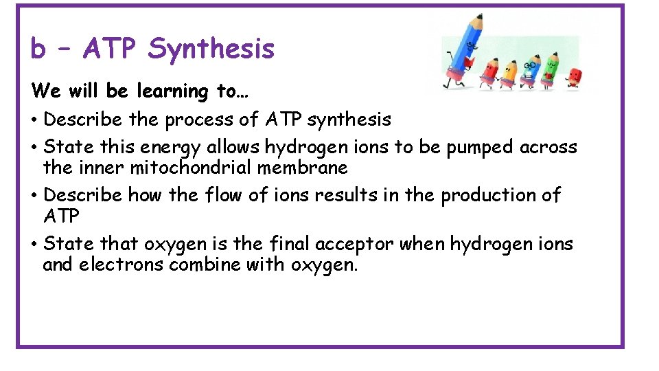 b – ATP Synthesis We will be learning to… • Describe the process of