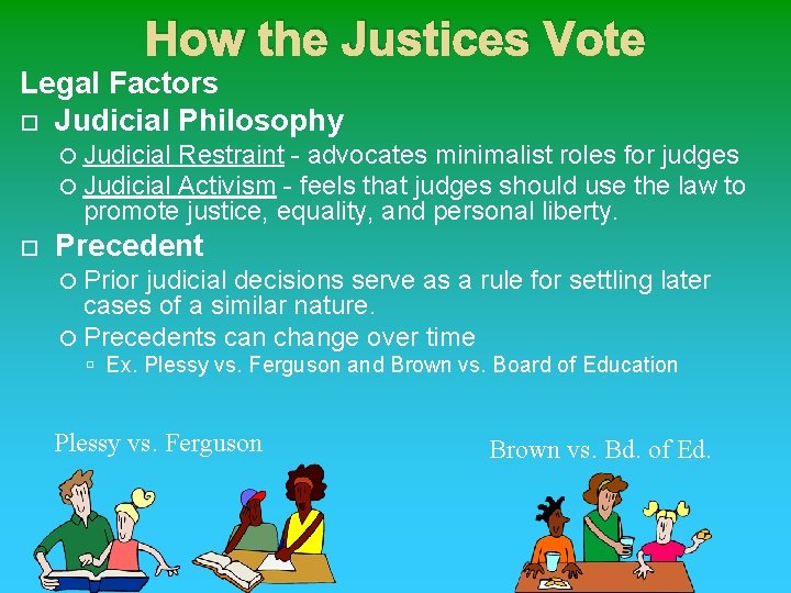 How the Justices Vote Legal Factors Judicial Philosophy Judicial Restraint - advocates minimalist roles