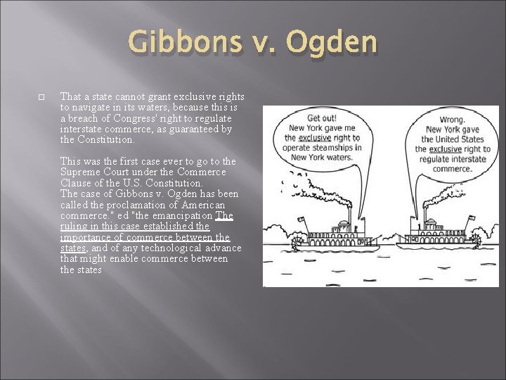 Gibbons v. Ogden That a state cannot grant exclusive rights to navigate in its