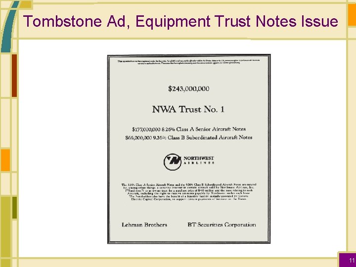 Tombstone Ad, Equipment Trust Notes Issue 11 