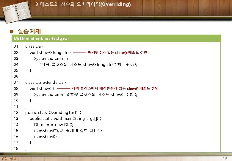 3 메소드의 상속과 오버라이딩(Overriding) l 실습예제 Method. Inheritance. Test. java 01 02 03 04