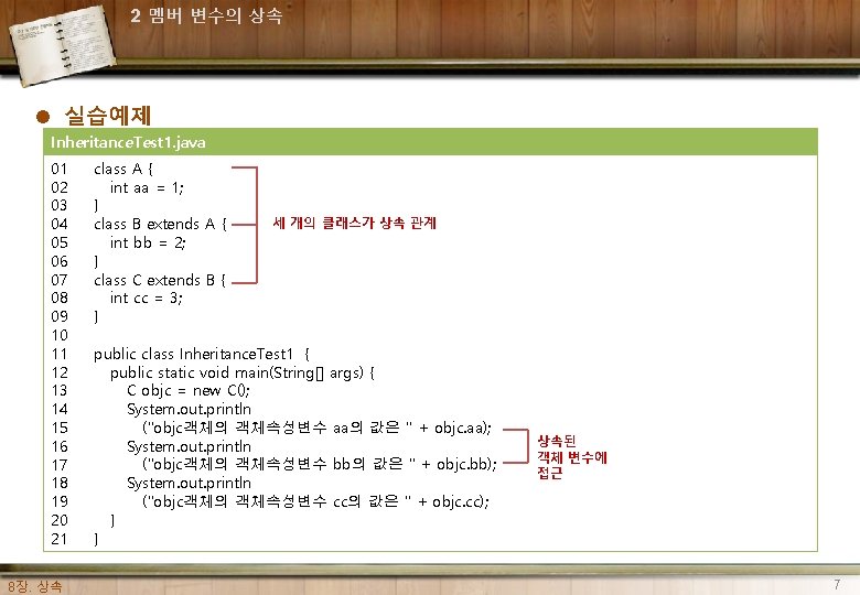 2 멤버 변수의 상속 l 실습예제 Inheritance. Test 1. java 01 02 03 04