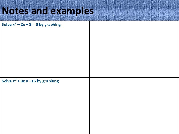 Notes and examples Solve x 2 – 2 x – 8 = 0 by Notes and examples Solve x 2 – 2 x – 8 = 0 by