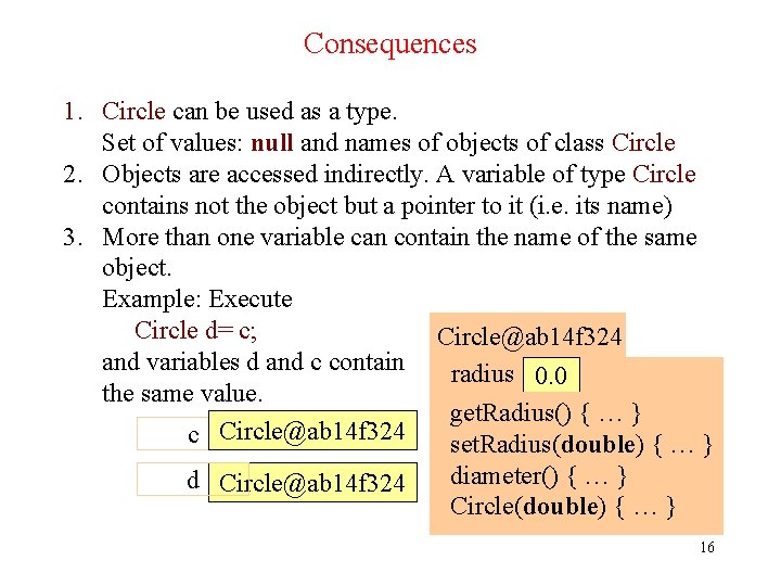 Consequences 1. Circle can be used as a type. Set of values: null and