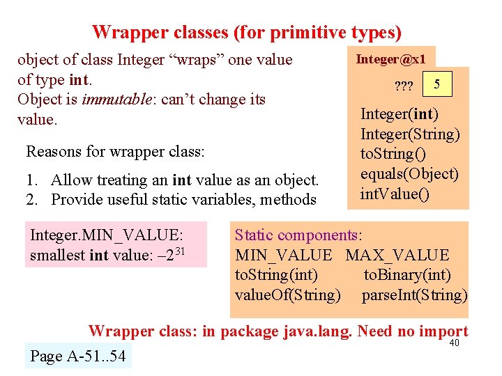 Wrapper classes (for primitive types) object of class Integer “wraps” one value of type