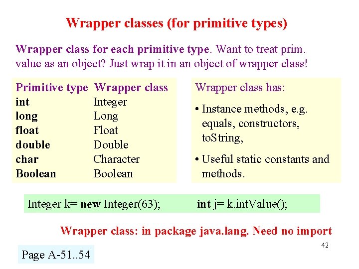 Wrapper classes (for primitive types) Wrapper class for each primitive type. Want to treat