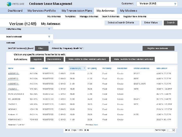 Customer Lease Management Customer: Verizon (6248) Dashboard My Services Portfolio My Transmission Plans My