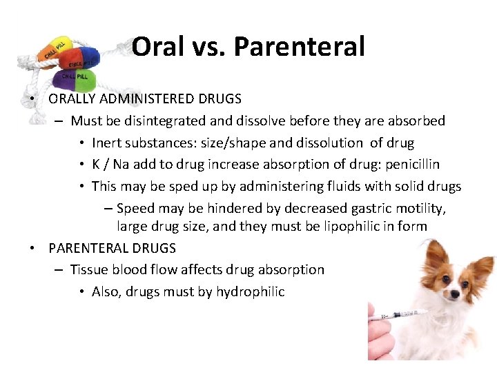 Oral vs. Parenteral • ORALLY ADMINISTERED DRUGS – Must be disintegrated and dissolve before