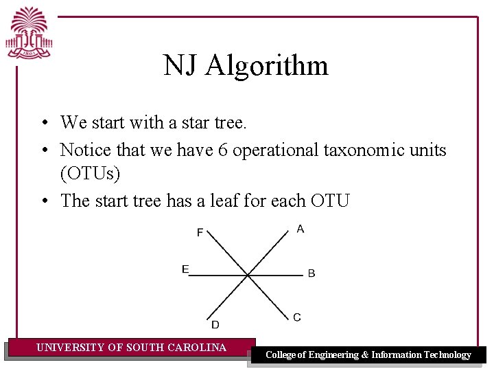 NJ Algorithm • We start with a star tree. • Notice that we have NJ Algorithm • We start with a star tree. • Notice that we have