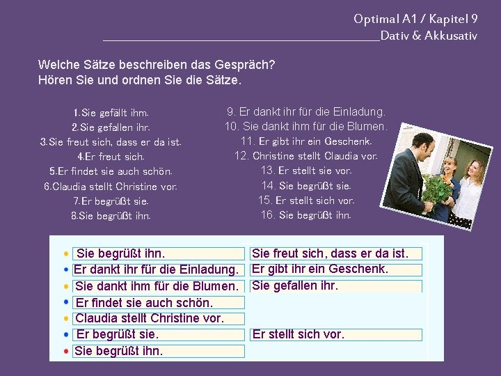 Optimal A 1 / Kapitel 9 __________________________Dativ & Akkusativ Welche Sätze beschreiben das Gespräch?