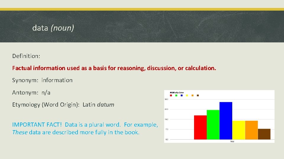 data (noun) Definition: Factual information used as a basis for reasoning, discussion, or calculation.