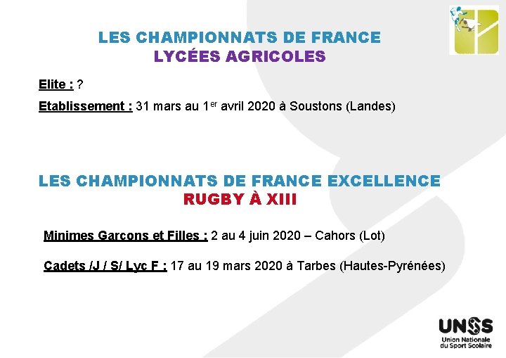LES CHAMPIONNATS DE FRANCE LYCÉES AGRICOLES Elite : ? Etablissement : 31 mars au
