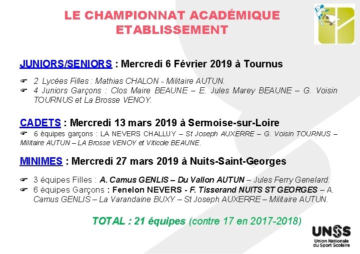 LE CHAMPIONNAT ACADÉMIQUE ETABLISSEMENT JUNIORS/SENIORS : Mercredi 6 Février 2019 à Tournus F 2