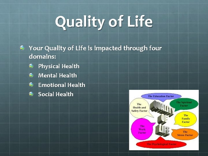 Quality of Life Your Quality of Life is impacted through four domains: Physical Health