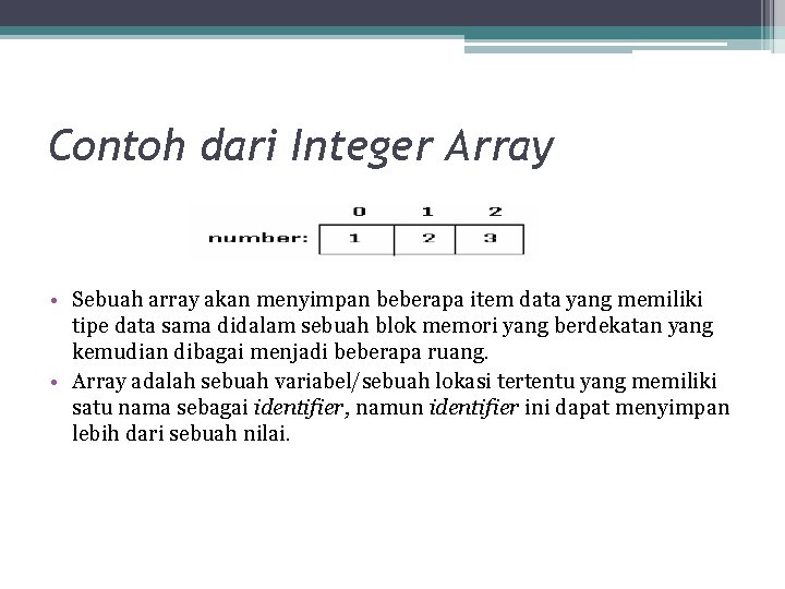 Contoh dari Integer Array • Sebuah array akan menyimpan beberapa item data yang memiliki