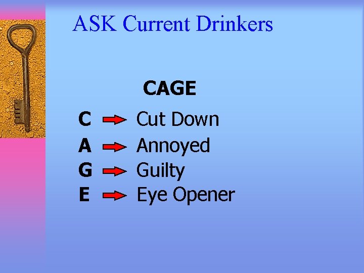 ASK Current Drinkers CAGE C A G E Cut Down Annoyed Guilty Eye Opener