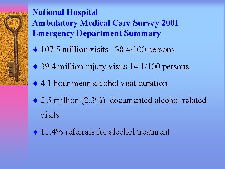 National Hospital Ambulatory Medical Care Survey 2001 Emergency Department Summary ¨ 107. 5 million