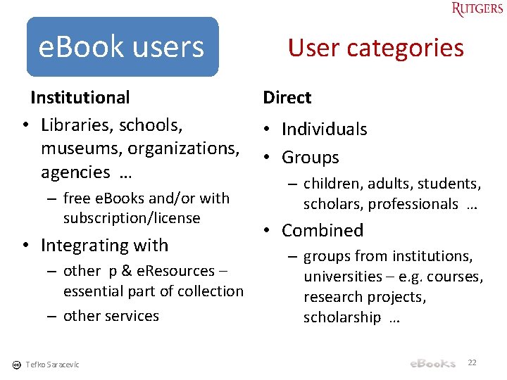 e. Book users Institutional • Libraries, schools, museums, organizations, agencies … – free e.