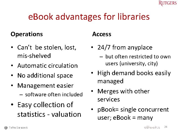 e. Book advantages for libraries Operations Access • Can’t be stolen, lost, mis-shelved •