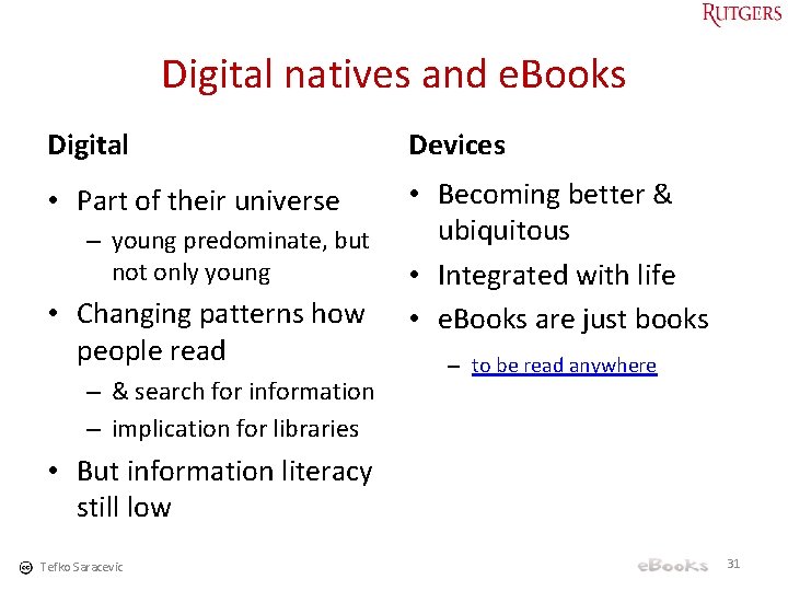 Digital natives and e. Books Digital Devices • Part of their universe • Becoming
