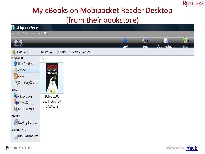 My e. Books on Mobipocket Reader Desktop (from their bookstore) Tefko Saracevic 60 back