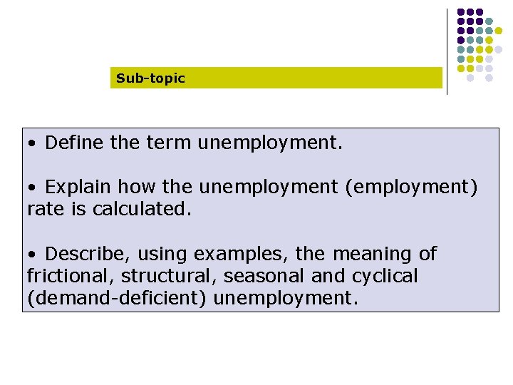 Sub-topic • Define the term unemployment. • Explain how the unemployment (employment) rate is