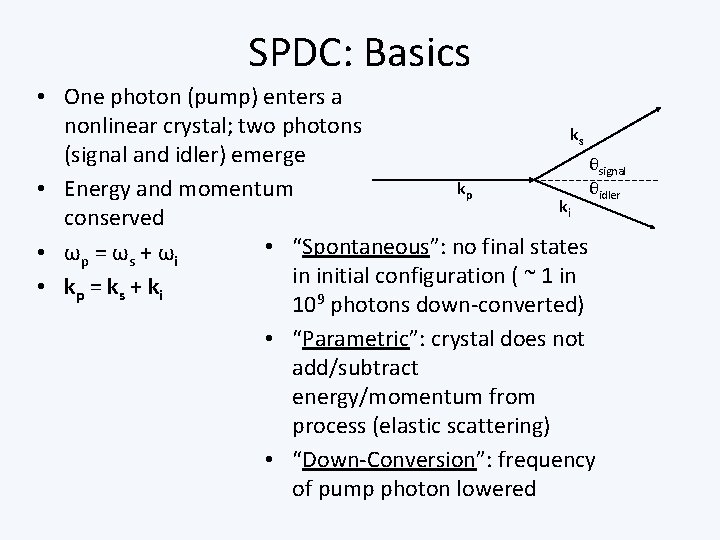 SPDC: Basics • One photon (pump) enters a nonlinear crystal; two photons ks (signal