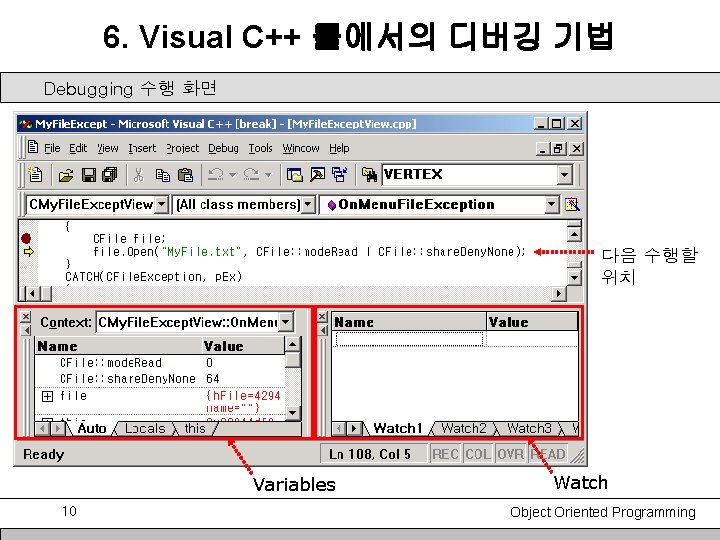 6. Visual C++ 톨에서의 디버깅 기법 Debugging 수행 화면 다음 수행할 위치 Variables 10