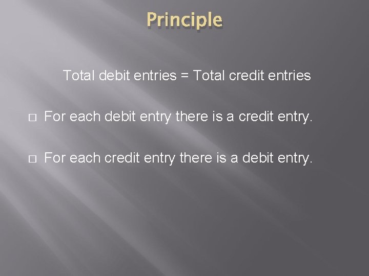 Principle Total debit entries = Total credit entries � For each debit entry there