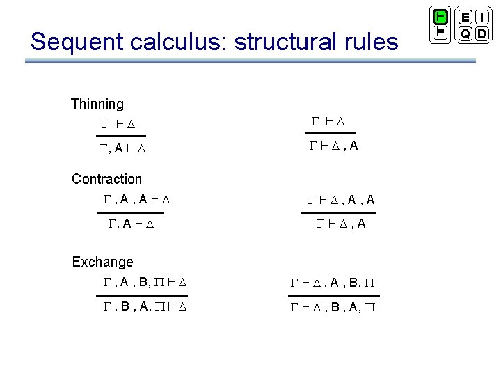 Sequent calculus: structural rules Thinning ` ` , A ` ` , A Contraction